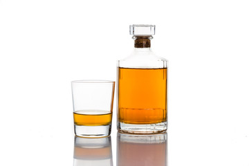 Whiskey on neat, with a whiskey bottle