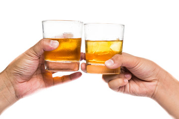 Two hands toasting whiskey on the rock with white background