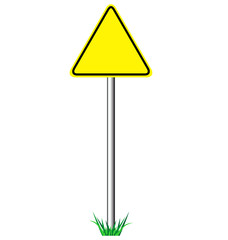 Yellow warning information road signs with grass isolated on whi