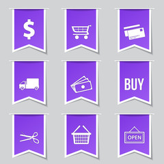 Shopping Sign Label Vector Violet Icon Design Set