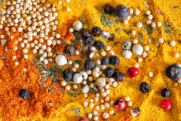 Colorful spices in an abstract arrangement. Close up texture and