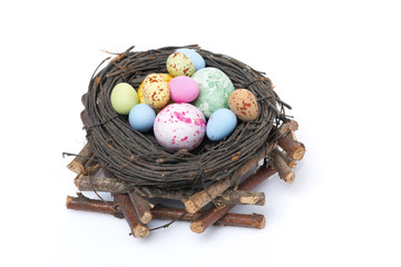 nest with easter eggs, isolated, top view