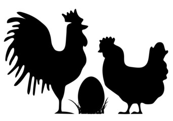 Cock, hen and Easter egg silhouettes