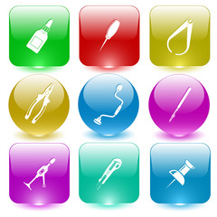 glue bottle, awl, caliper, pliers, hand drill, ruling pen, knife