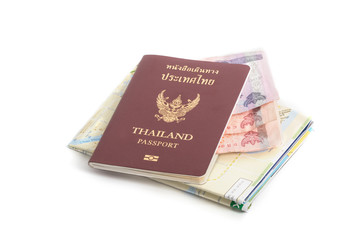 Close up of a traveling documents passport, map and money.