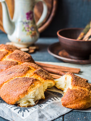 break large wicker fancy sweet bun with cinnamon and brown