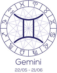 Zodiac sign - Gemini. Astrological symbol in wheel.