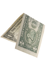 One dollar is folded in half. Isolated..