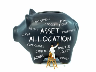 Asset allocation theme piggy bank on a white background
