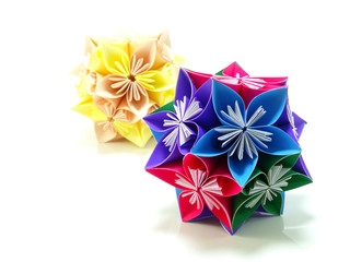 origami colorful flowers isolated on white background