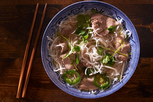 hot bowl of ietnamese pho soup top down