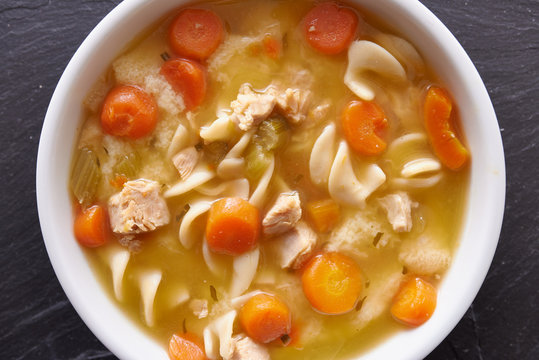 chicken noodle soup top down photo close up