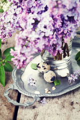 Easter concept, bouquet of lilac flowers in vase and quail eggs