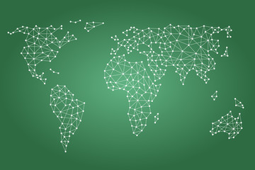 Social media network. World map with nodes linked by lines.