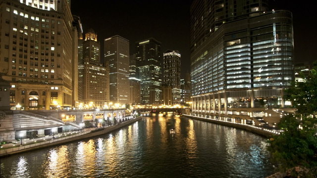 Downtown Chicago Waterway at Night