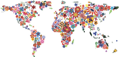 Naklejki  Mapa świata kwiatów