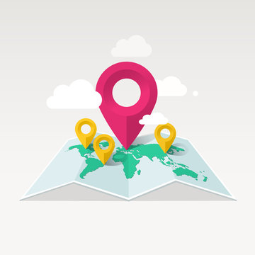 Vector map illustration with markers and clouds