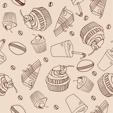 coffee seamless pattern with desserts and drinks