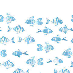 watercolor seamless pattern with fish and with white stroke