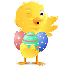 cute chick holding easter eggs
