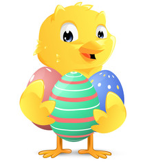 cute little chick holding easter eggs