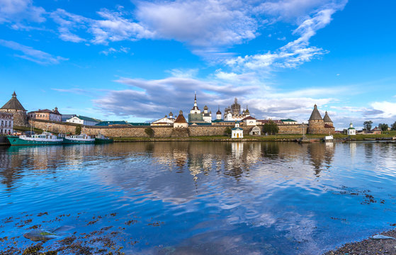 Solovetsky Kremlin in the evening, reflection.
