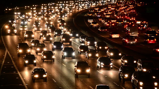 Evening Rush Hour Traffic on Busy Freeway in Los Angeles 
