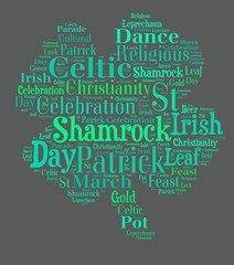 Four leaf shamrock word cloud on gray background