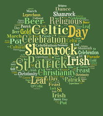 Four leaf shamrock word cloud on green background