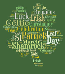 Four leaf shamrock word cloud on green background