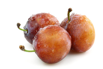 three  fresh ripe plums on a white background