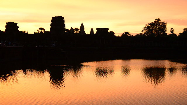 Silhouette Main Temple Buildings Lake Reflection at Sunrise - Angkor Wat