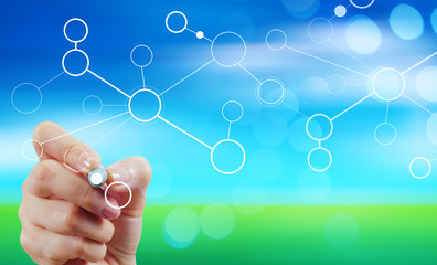 double exposure of businessman hand working with blank net work