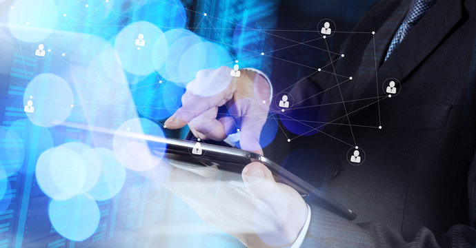 double exposure of businessman working with digital cloud networ