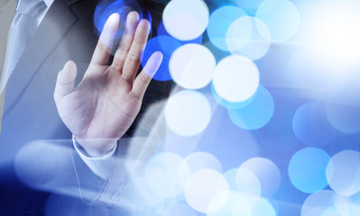 double exposure of businessman working with digital cloud networ