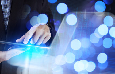 double exposure of businessman working with digital cloud networ