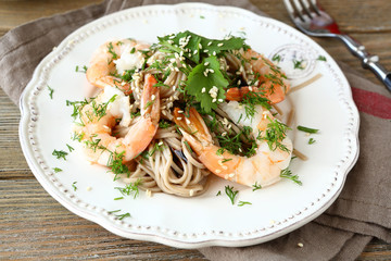 Soba with shrimp and greens