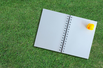 white page of notebook on grass texture