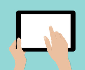 Woman hands hold and touch tablet PC on turquiose background © rvlsoft