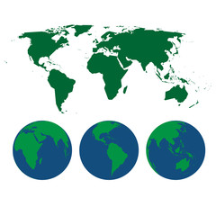 vector illustration of world map and three globes