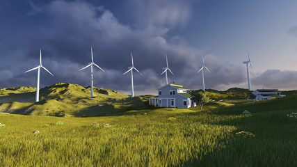 Wind turbines on a green field © Photobank