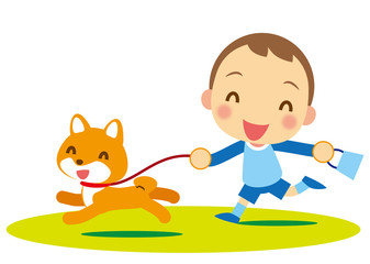お散歩　ワンちゃんと男の子