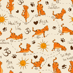 Seamless pattern with cat doing yoga position of Surya Namaskara