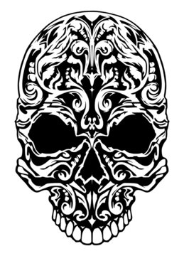 Illustration of a skull with patterns.