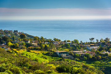 View of green hills and houses overlooking the Pacific Ocean, in © jonbilous