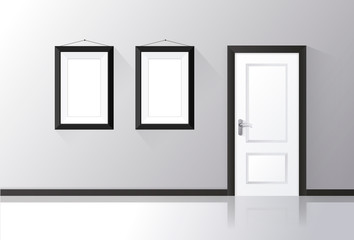 White door closed on gray wall with frames and reflective floor
