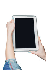 Girl holds a plate on a white background, frame for photo