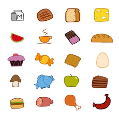 Icons with food drawn by hand.