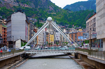 Bridge through  Gran Valira river in  Andorra la Vella - obrazy, fototapety, plakaty