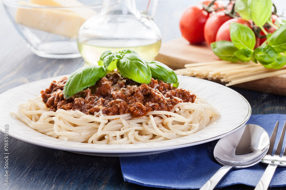 Wall mural spaghetti bolognese with cheese and basil